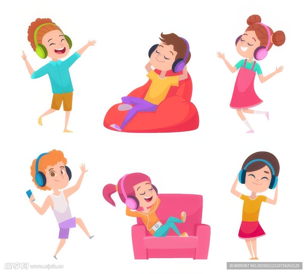 可爱卡通儿童听音乐插画