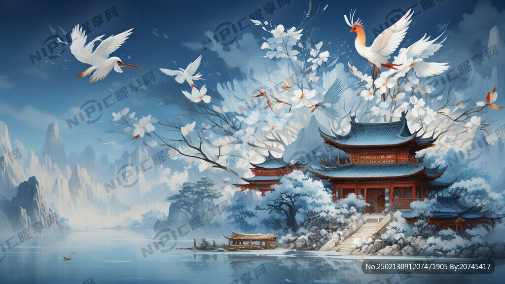蓝色背景 中国风古建筑
