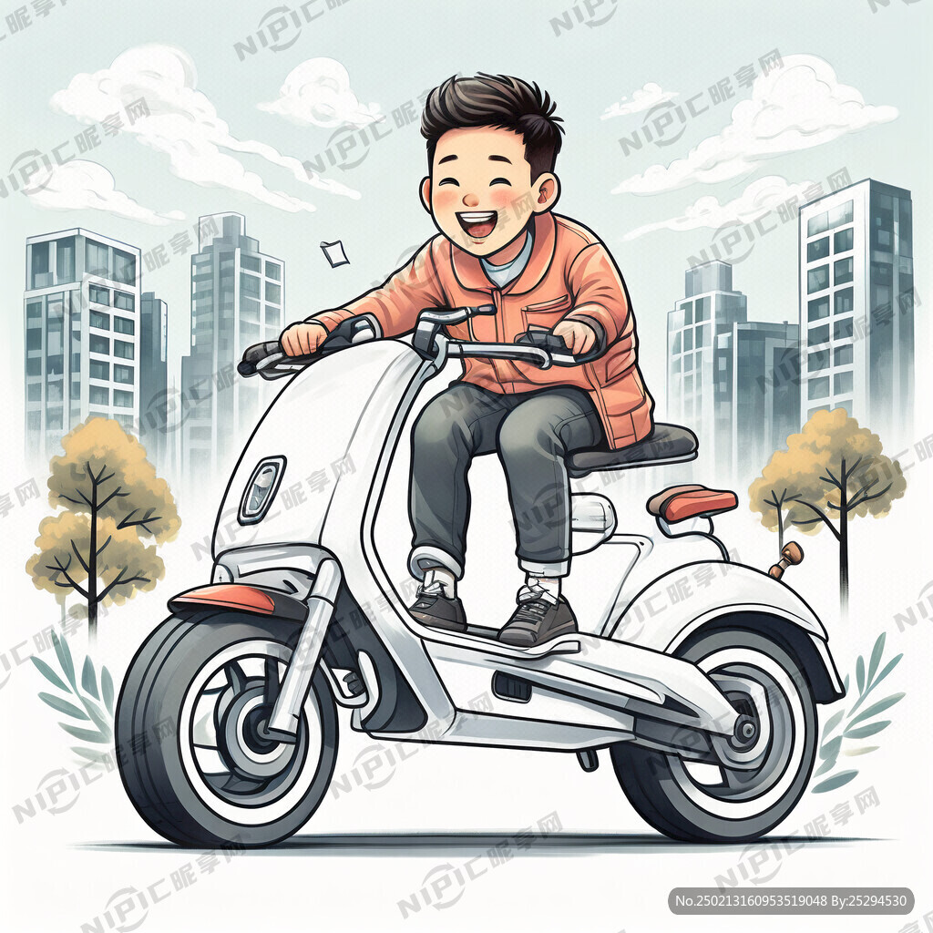 一个年轻人开心骑新电动车