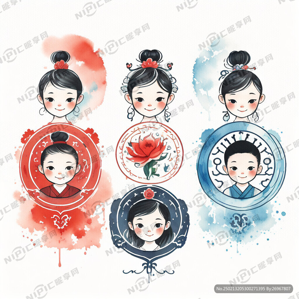 五个圆形胸章 儿童水彩画风格