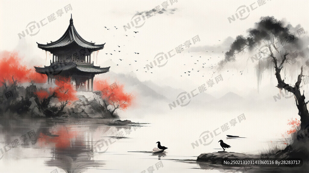 春天 柳枝 湖水 亭子燕子