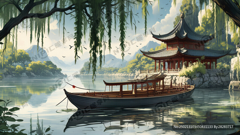 春天 柳枝 湖水 亭子 燕子