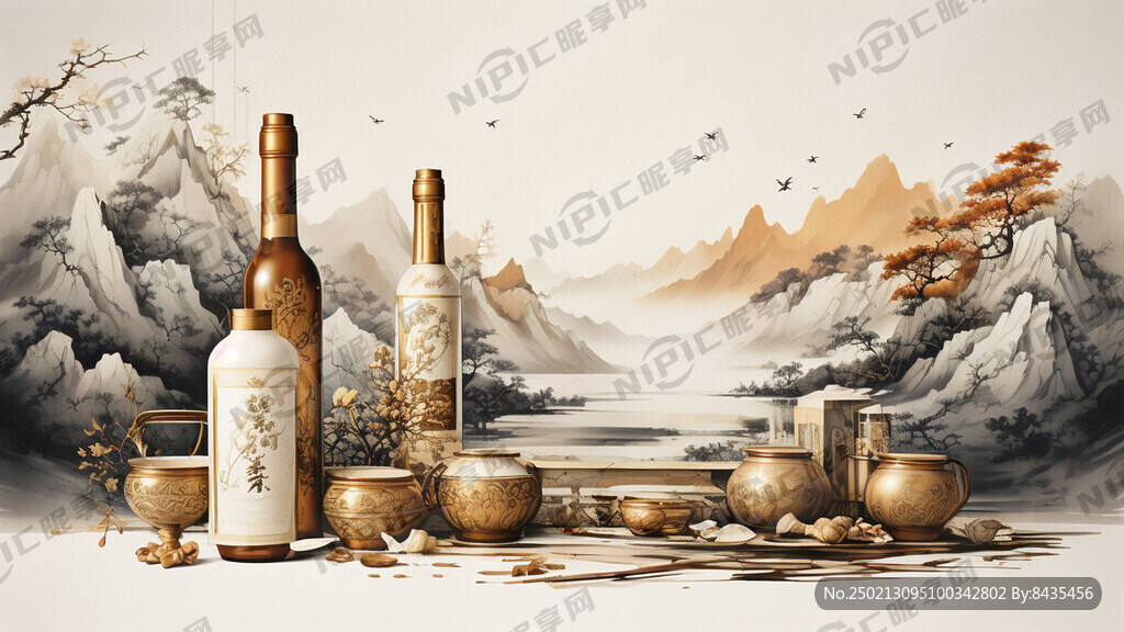 中式金色鎏金线条建筑 酒瓶