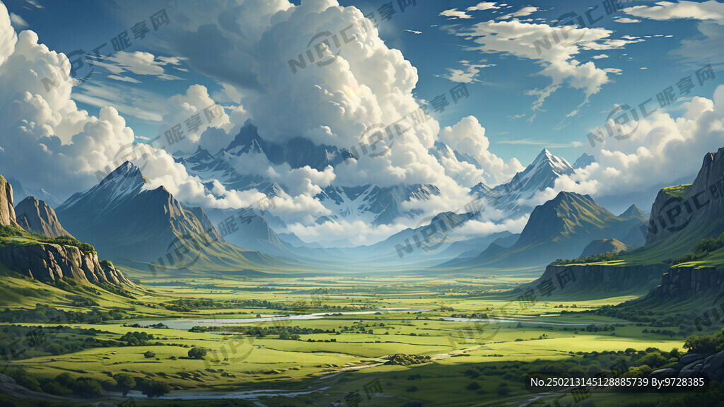 高山白云 绿色平原 画面开阔