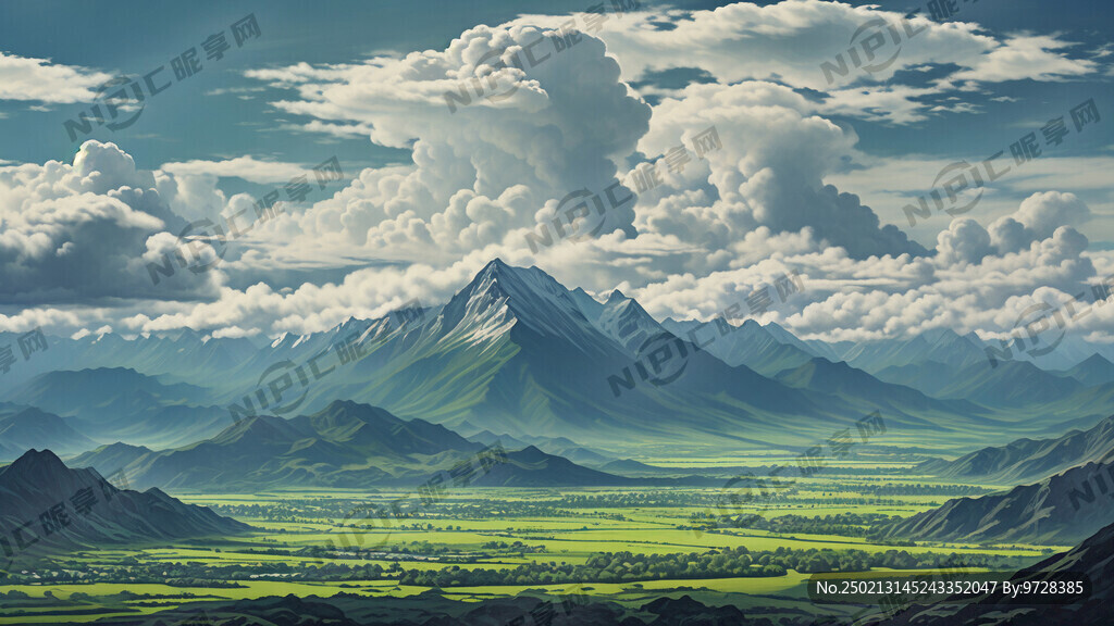 高山白云 绿色平原 画面开阔