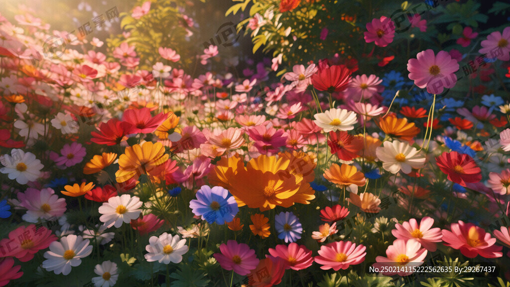 春季彩色格桑花波斯菊花草叶子地