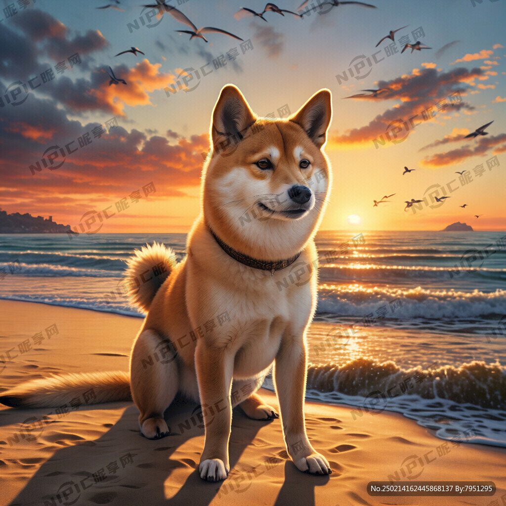 柴犬 海边 日出 帅哥 沙滩