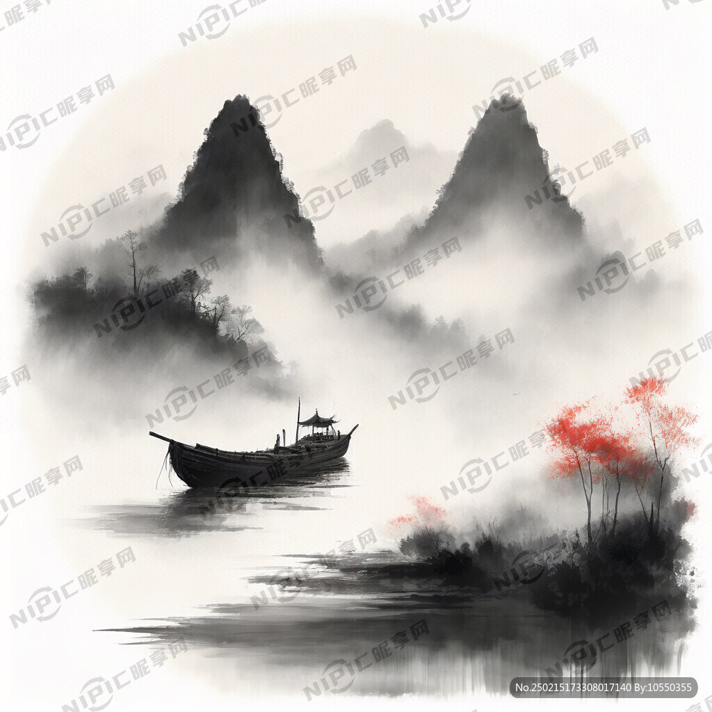 写意山水画 国画 水墨 河流