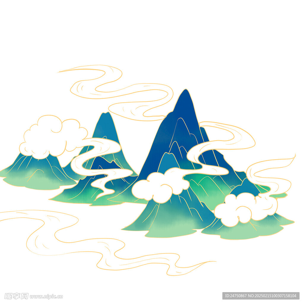 国潮风高山山水祥云  两幅