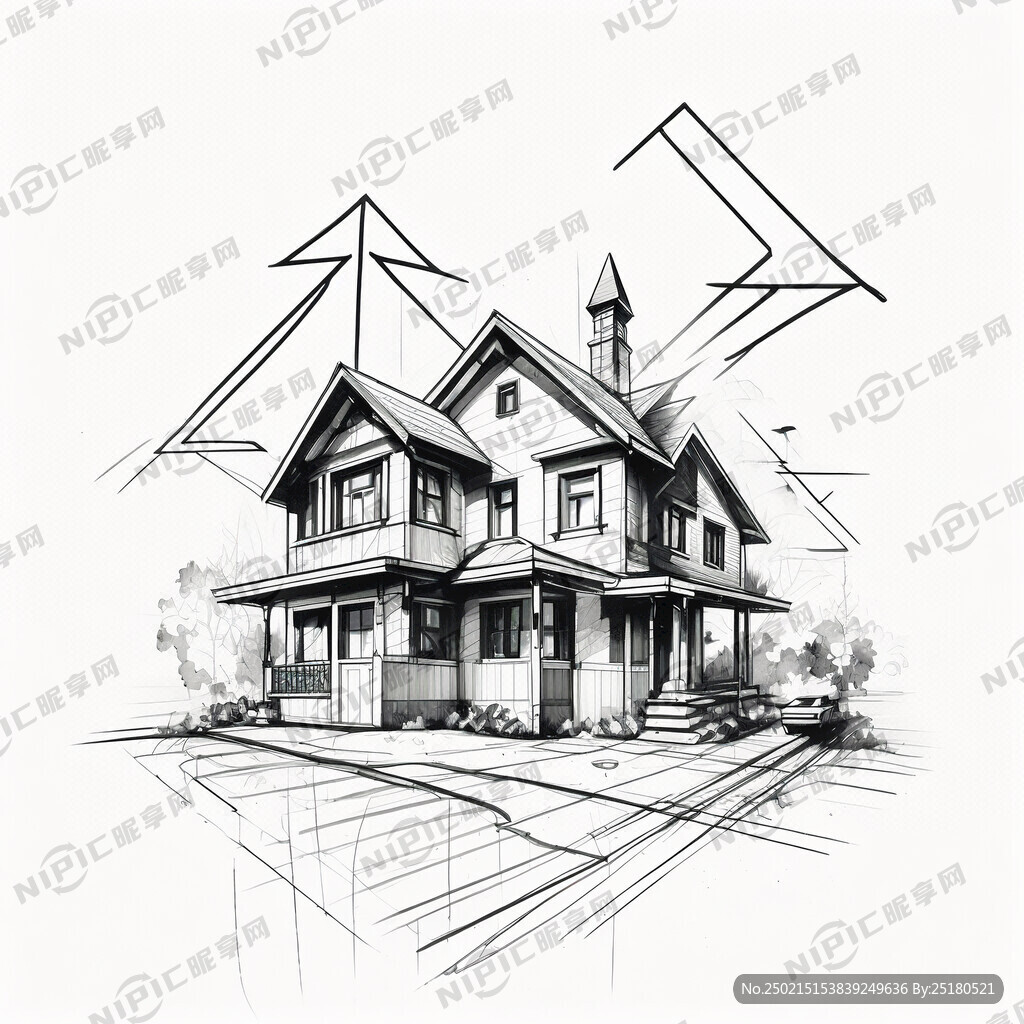 房屋线条画 上升箭头