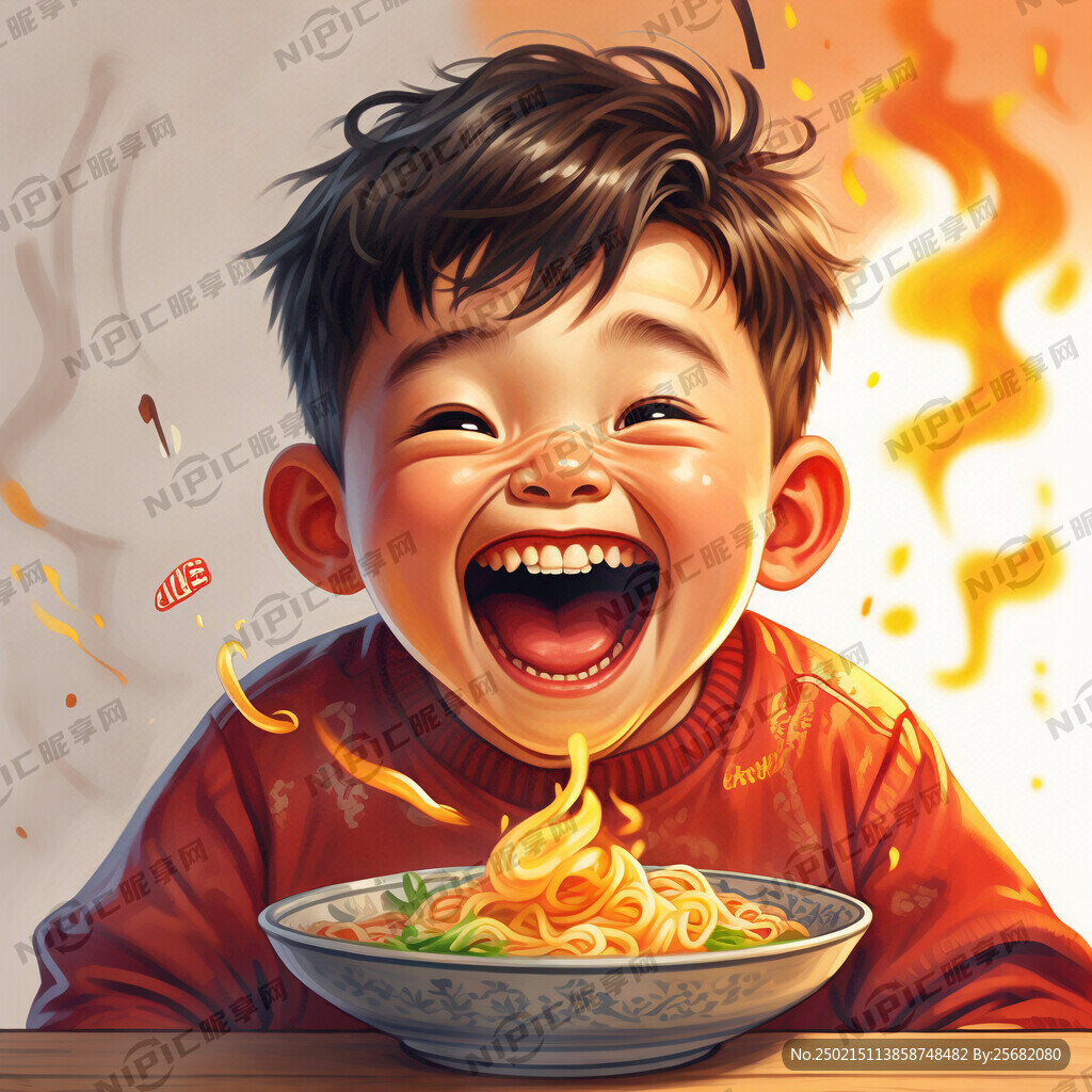 吃着一碗面大笑的小男孩   