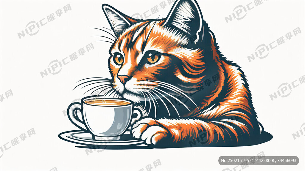 昂头挺胸的猫在喝咖啡的图案