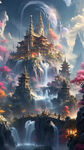 天宫仙家流水，梦幻仙境，高清