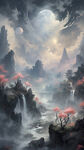 天宫仙境，多个仙家堂口，山水画，高清