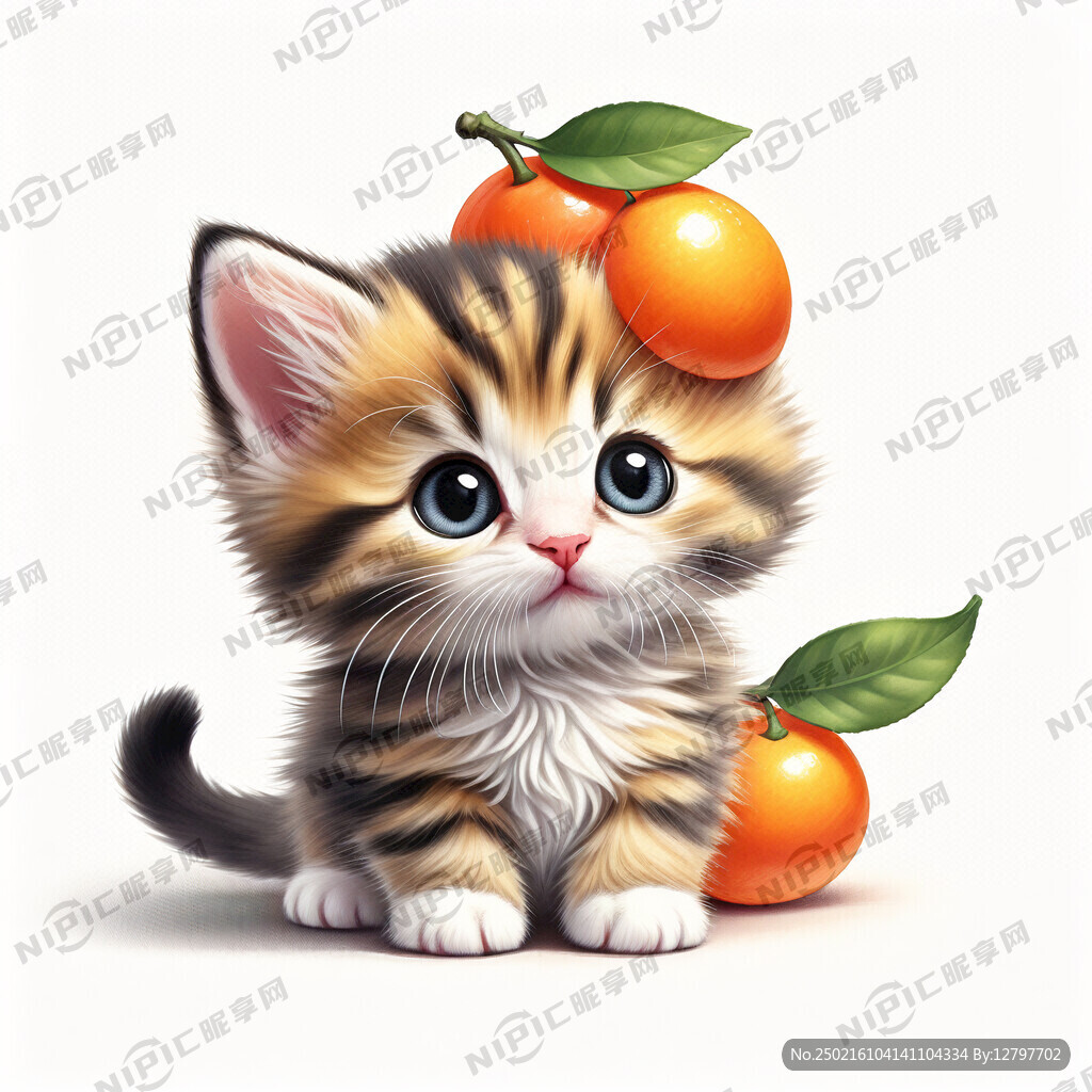 小猫 头顶着橘子 顽皮 眯眯眼