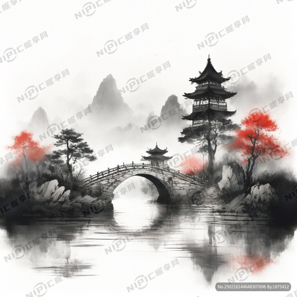 有桥有楼阁的山水画