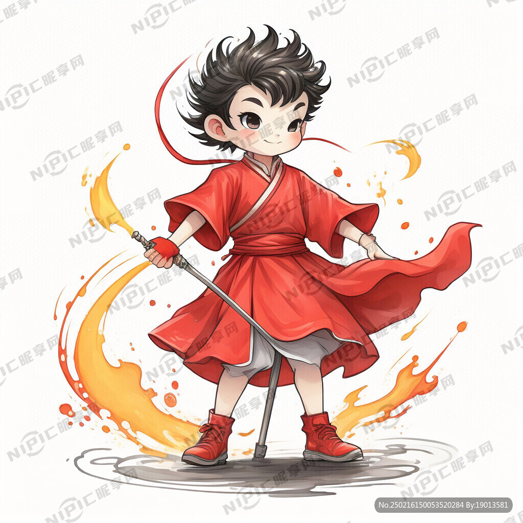 那吒三太子 红色短袖 红色绸缎