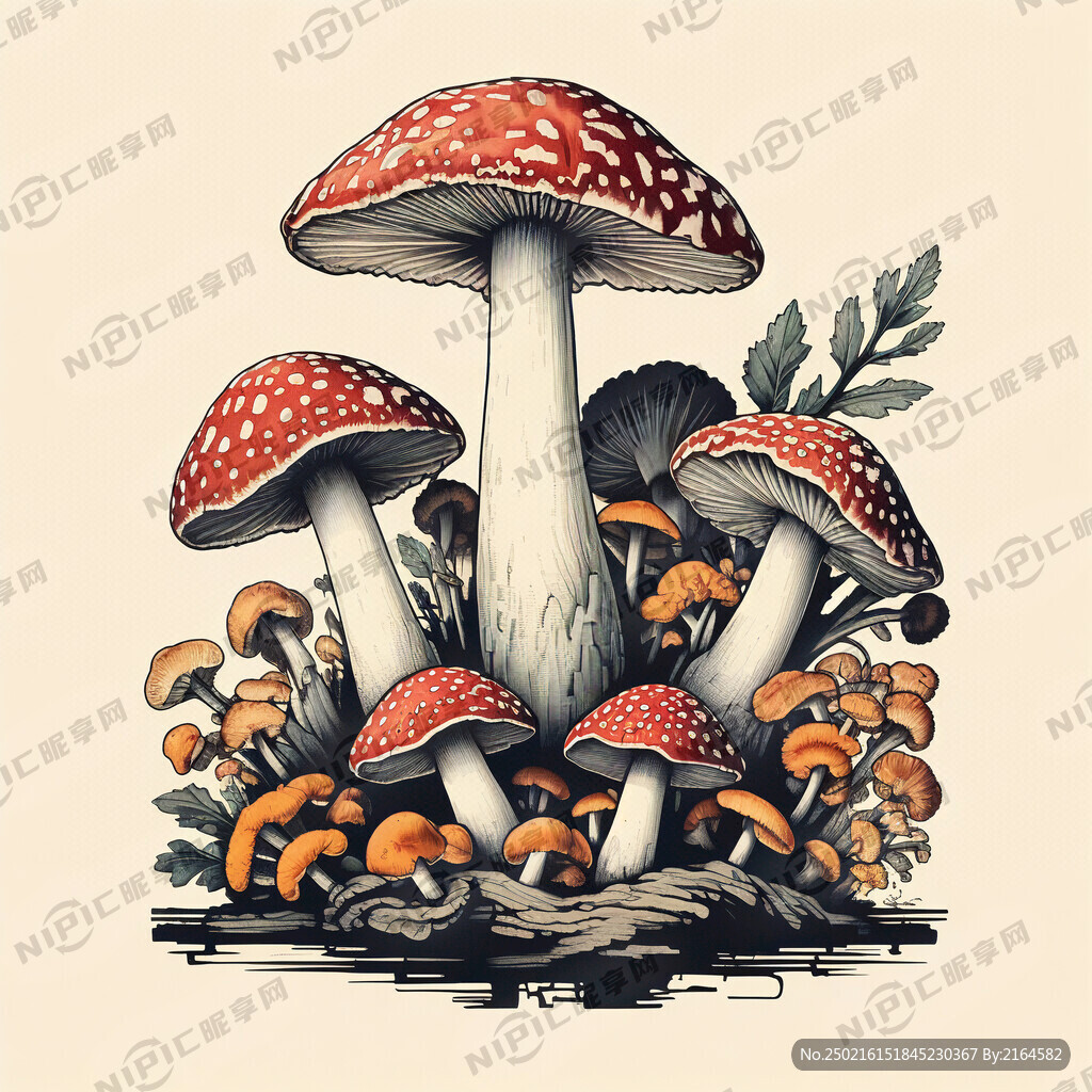 蘑菇 香菇 山珍 版画风格
