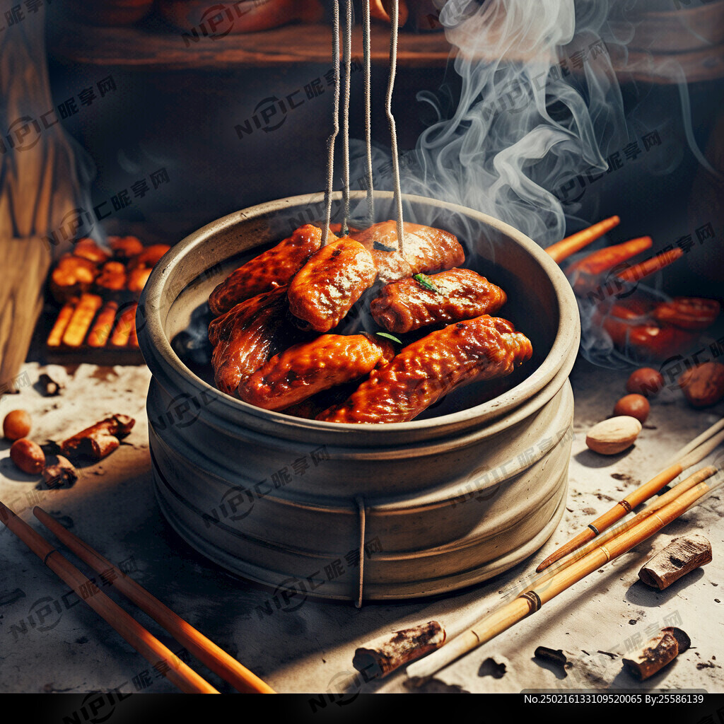 帮我生成一张瓦罐吊烤鸡翅的高清