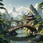梦幻仙境新中式风景，超高清，细节刻画，青山绿色，两个阁楼小桥链接，