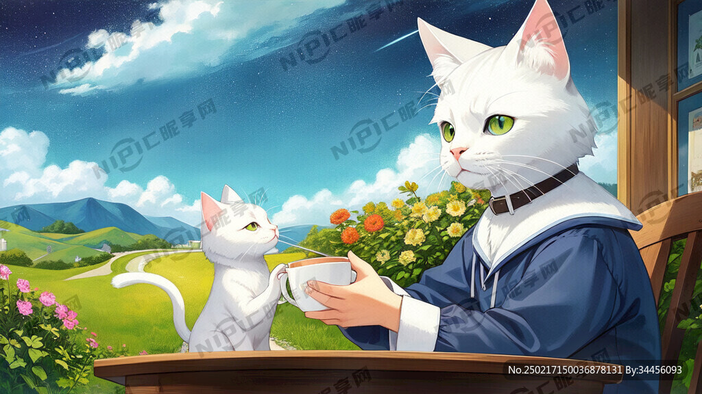 漫画风格一只白色猫咪喝咖啡的案