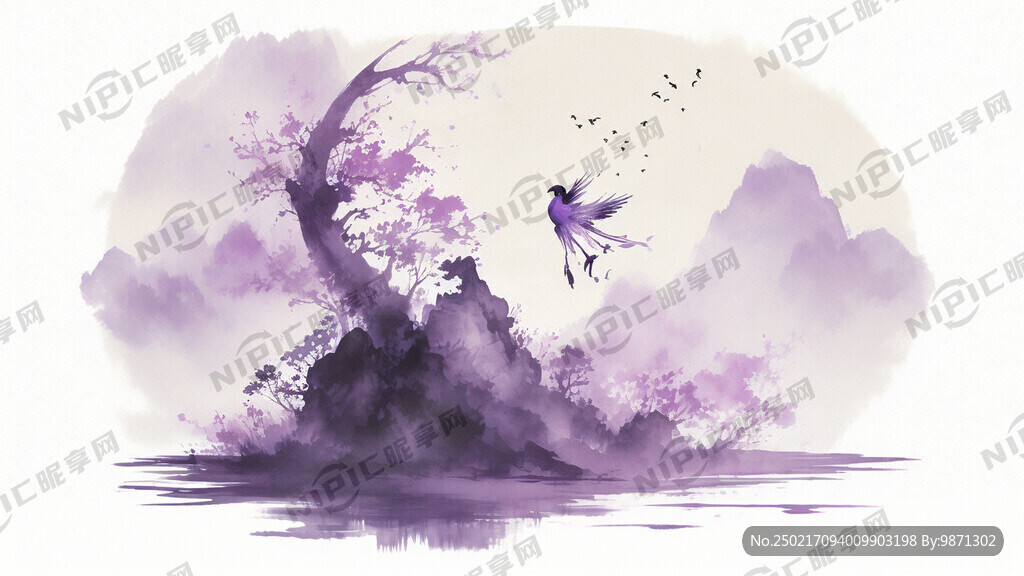 紫色 中式 花鸟山水画