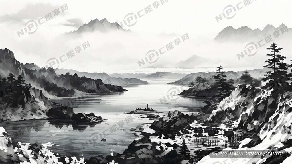 长白山天池黑白线稿图