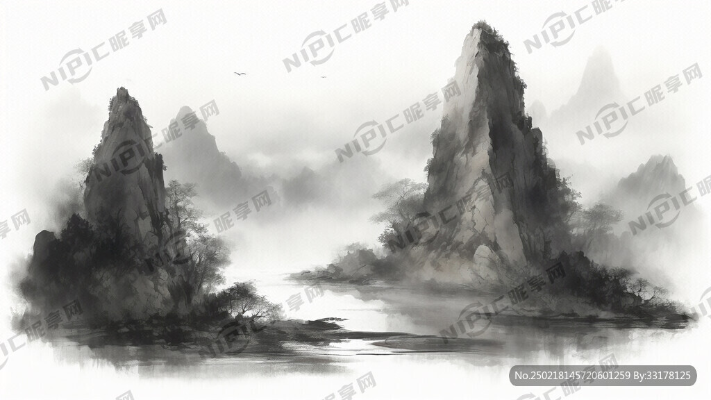 在岩石壁上勾勒山水画 国画风格