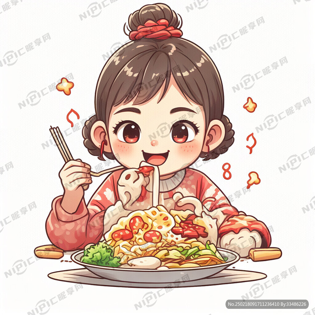 吃冷面的卡通女孩