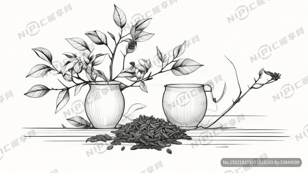 线描风格 茶树 茶叶背景图