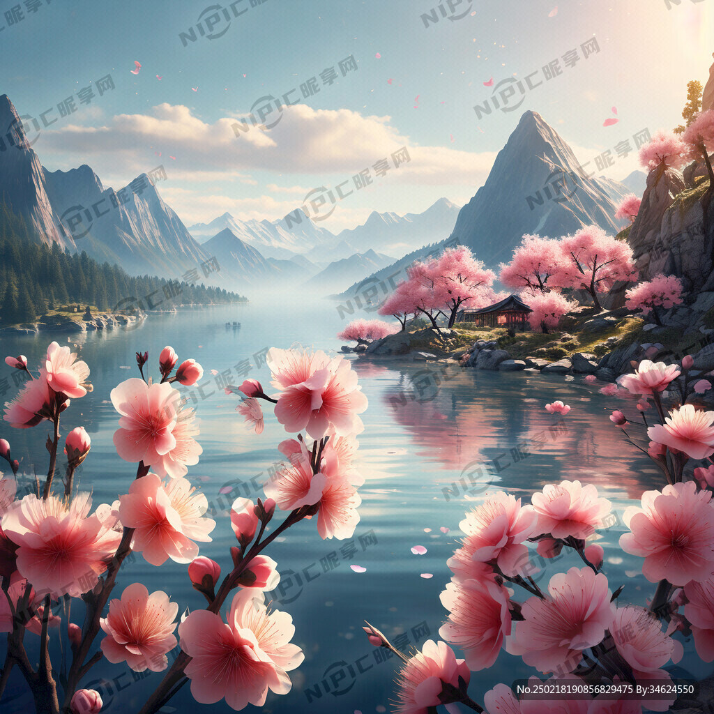 湖光山色 细小桃花盛开
