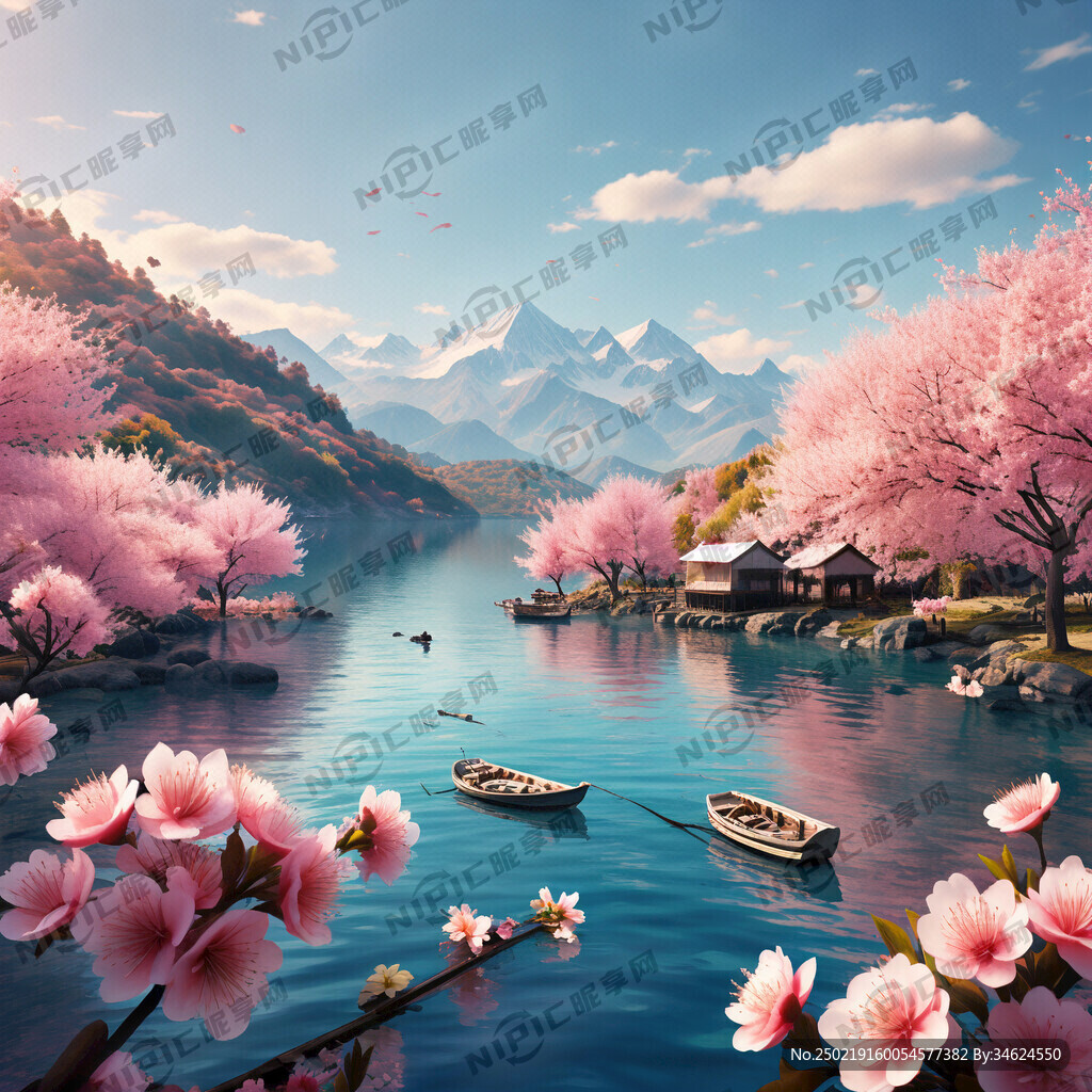 湖光山色 细小桃花盛开