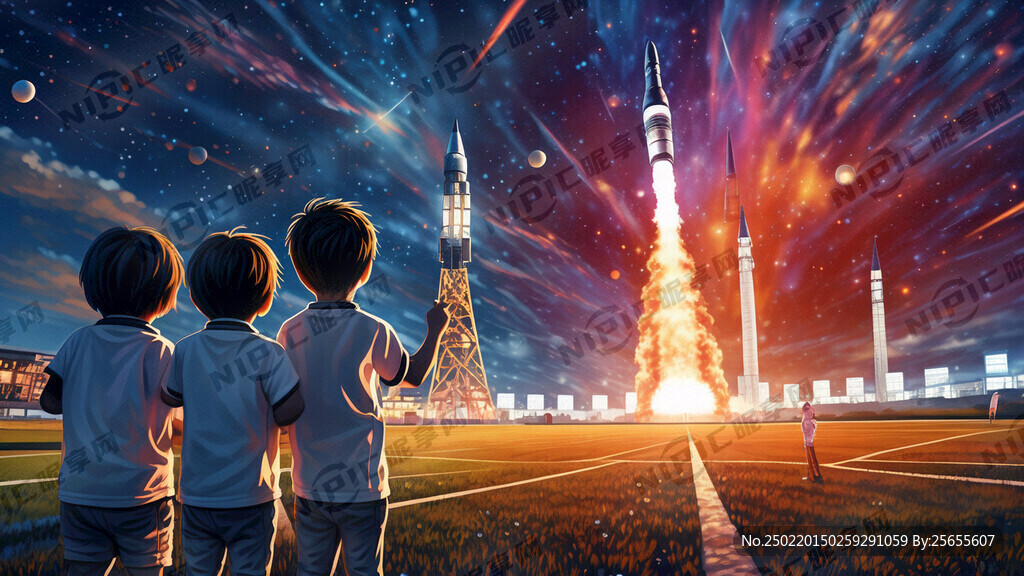 科学星空小学生在操场看火箭升空