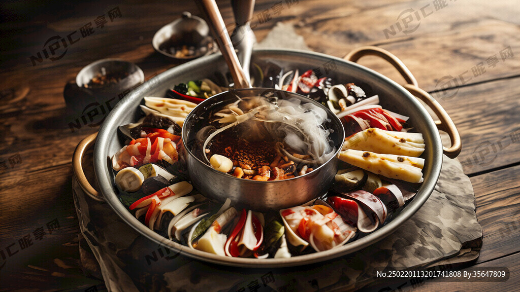 稿子杆 用盘子摆盘的火锅图片