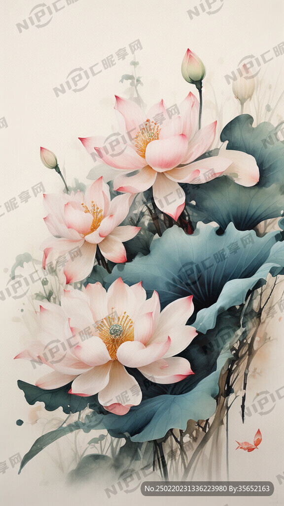 2朵不同程度绽放的荷花 写意