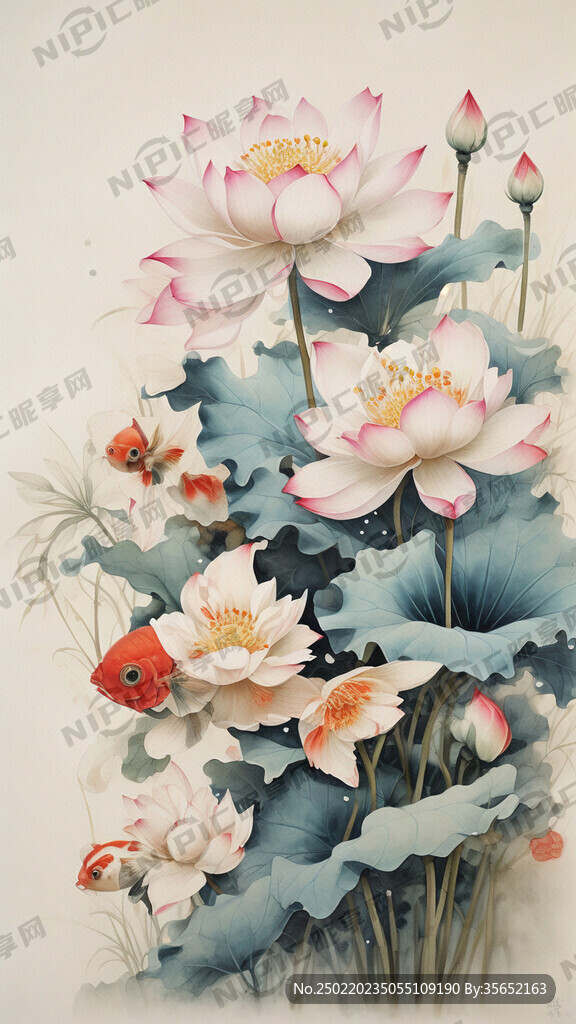 整个画面只有3束荷花和三条小鲤