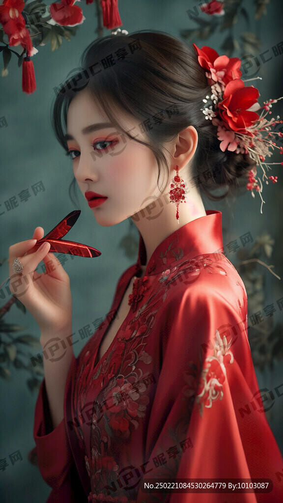 妆容精致女生 红色晚礼服 唯美