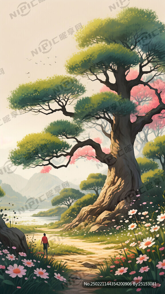 大树绿叶草地花丛 春天风景插画