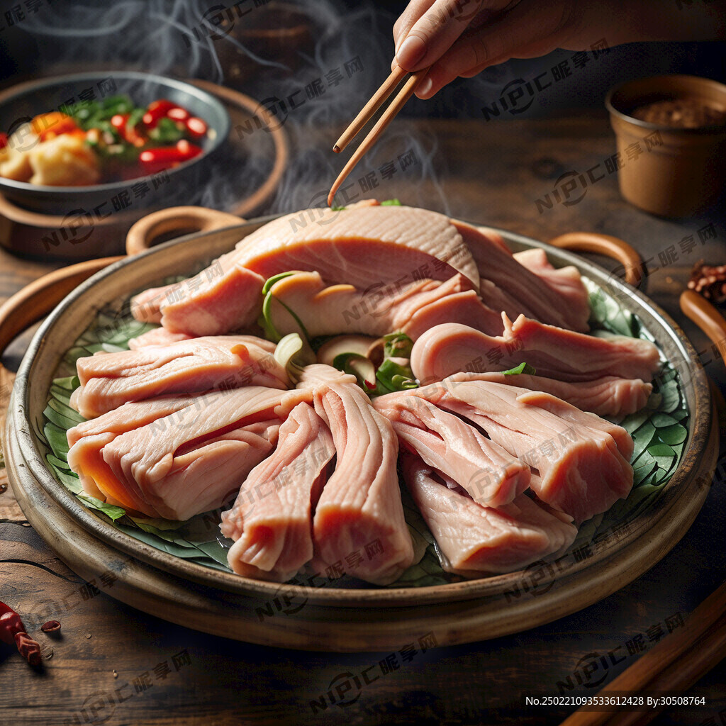 生成装在盘上新鲜鸡肉片准备打火