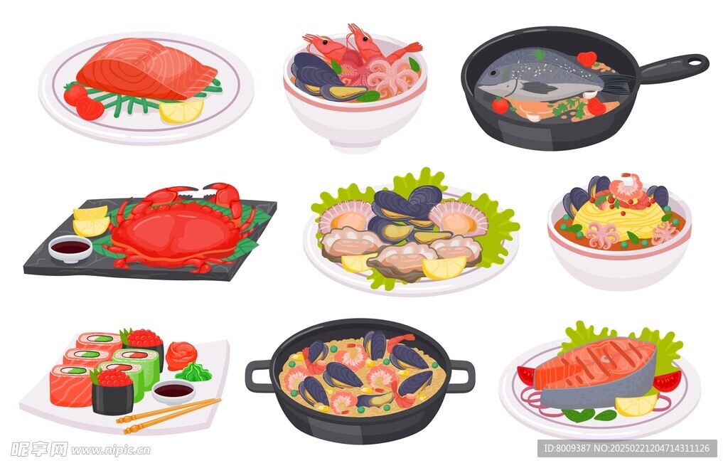 海鲜大餐与日本料理矢量插画