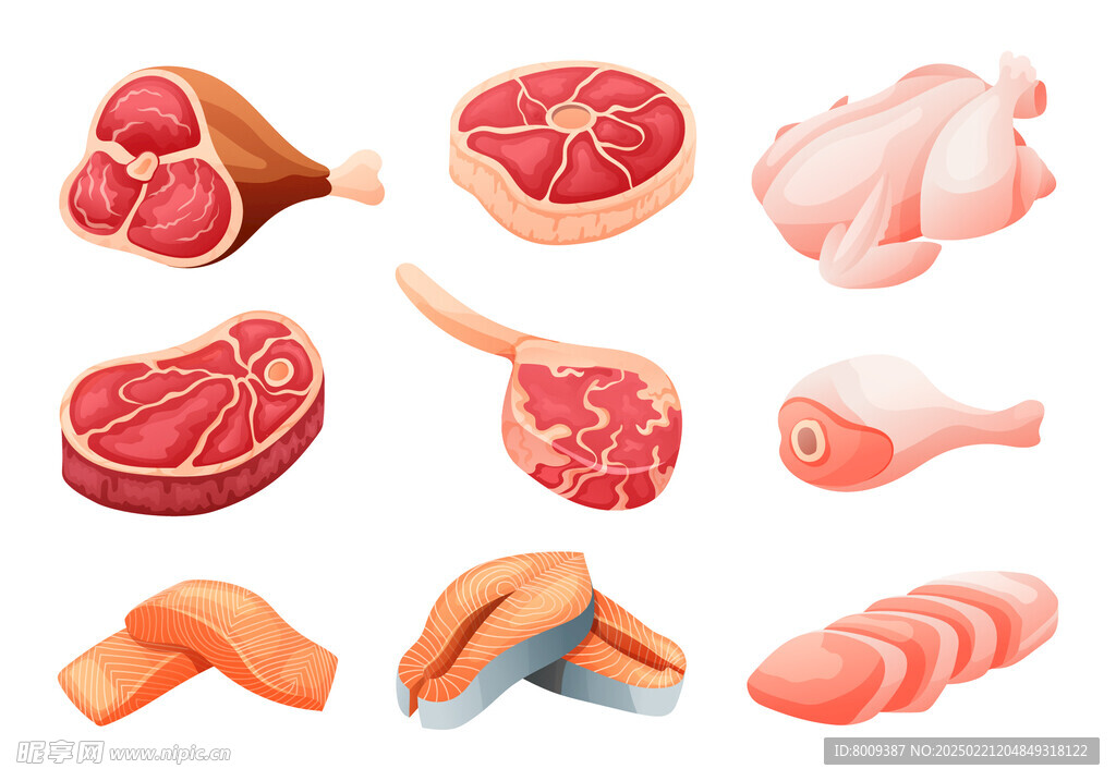 牛排火腿鱼肉卡通插画