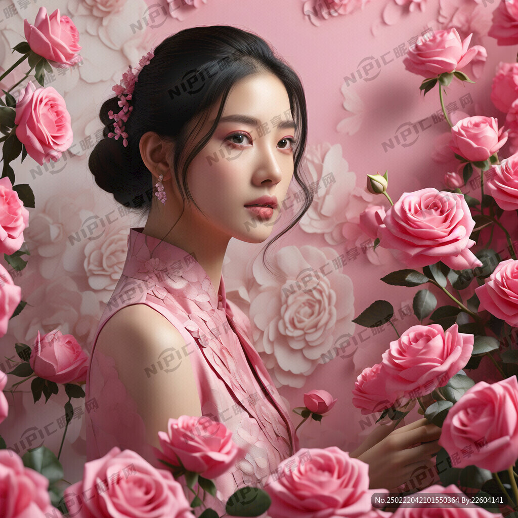 拍广告的美女周围都是粉色玫瑰花