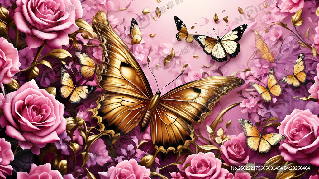粉色底色 有玫瑰 金色蝴蝶