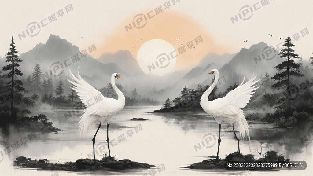 前景有松树 三只白鹤 有太阳