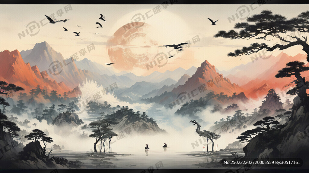 中国画 前景有松树 三只白鹤