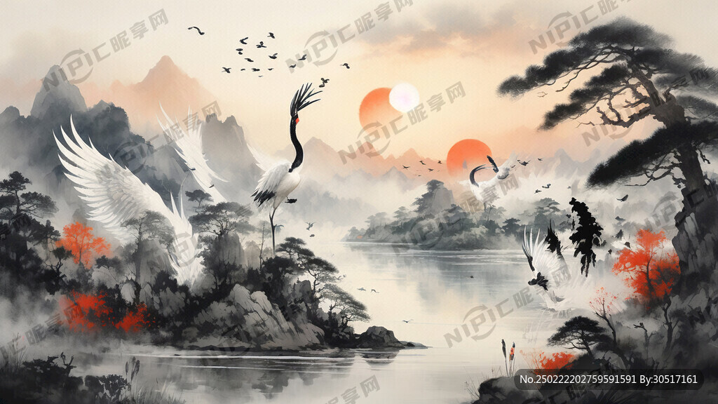 中国画 前景有松树 三只白鹤