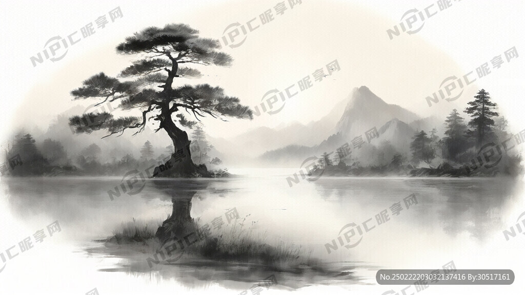 中国画 前景迎客松 三只白鹤