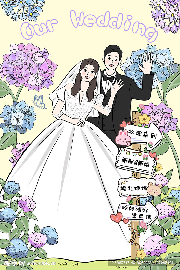 卡通婚礼 新人 指引 导视