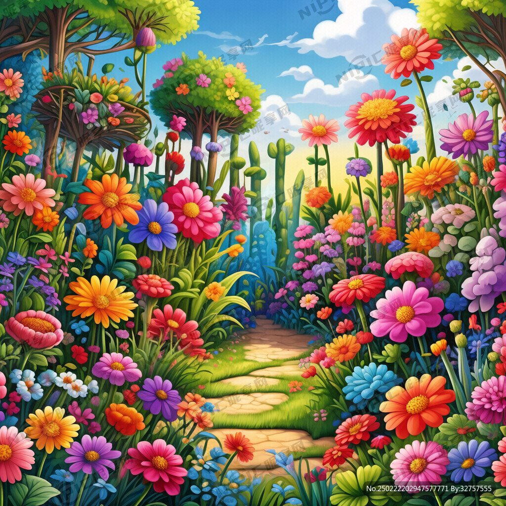 卡通花园场景  草地花卉   