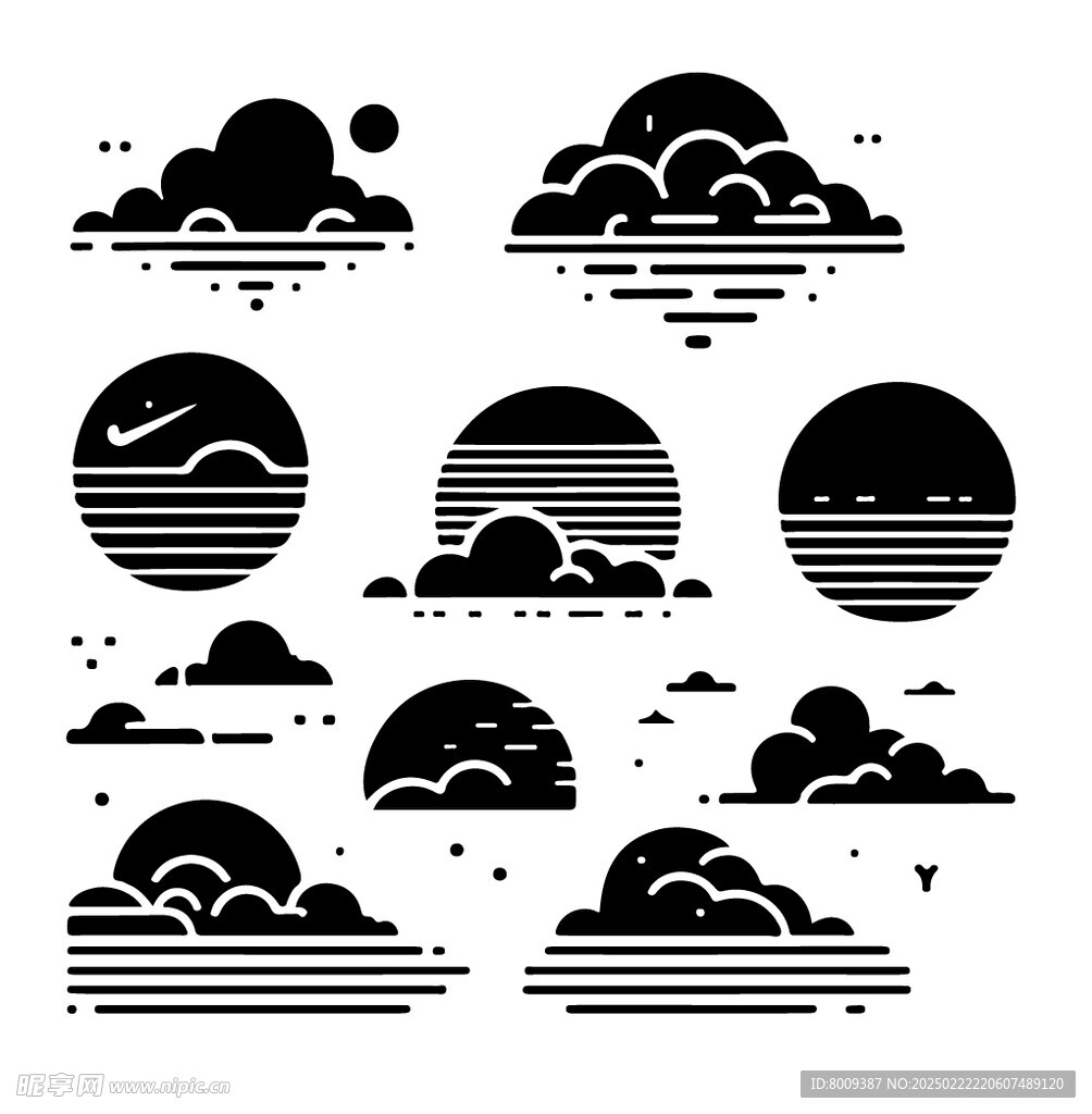 云朵与夕阳黑色剪影插画